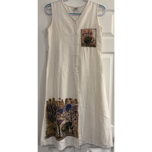 VTG Linen & Cotton Dress Sz MED Off-White Elephants Beads Jungle Safari Africa